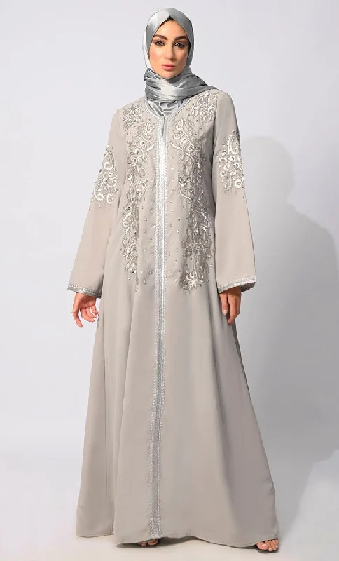 Regal Reverence: Women's Grey Machine Embroidered and Handcrafted Abaya With Hijab - Final Sale