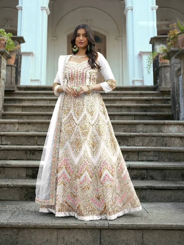 White Butterfly Net Anarkali Embroidered Kurta Set - Aadishri