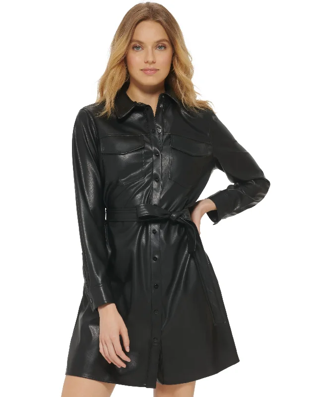 Women's Faux-Leather Snap-Closure Belted Dress