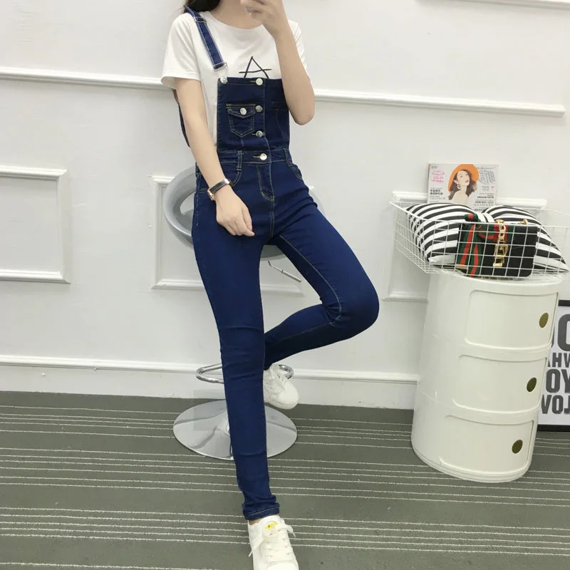 Vintage 2022 Korean Style Women Pocket Jumpsuit Denim Slim Long Pants Bodycon High Waist Jeans Jumpsuits Solid Color Femme Jeans